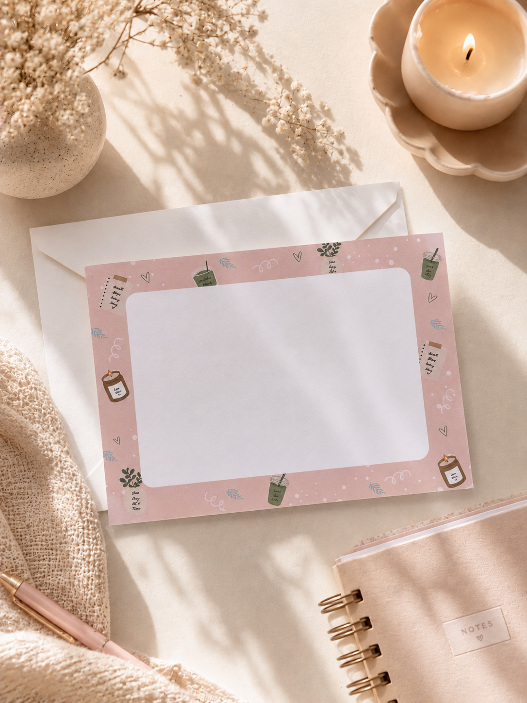 Pink Border Matcha Notecard Set with Envelopes