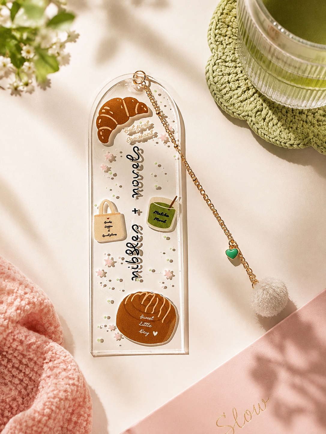 Nibbles + Novels Acrylic Bookmark with Gold Charm