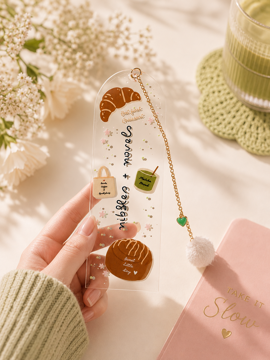 Nibbles + Novels Acrylic Bookmark with Gold Charm