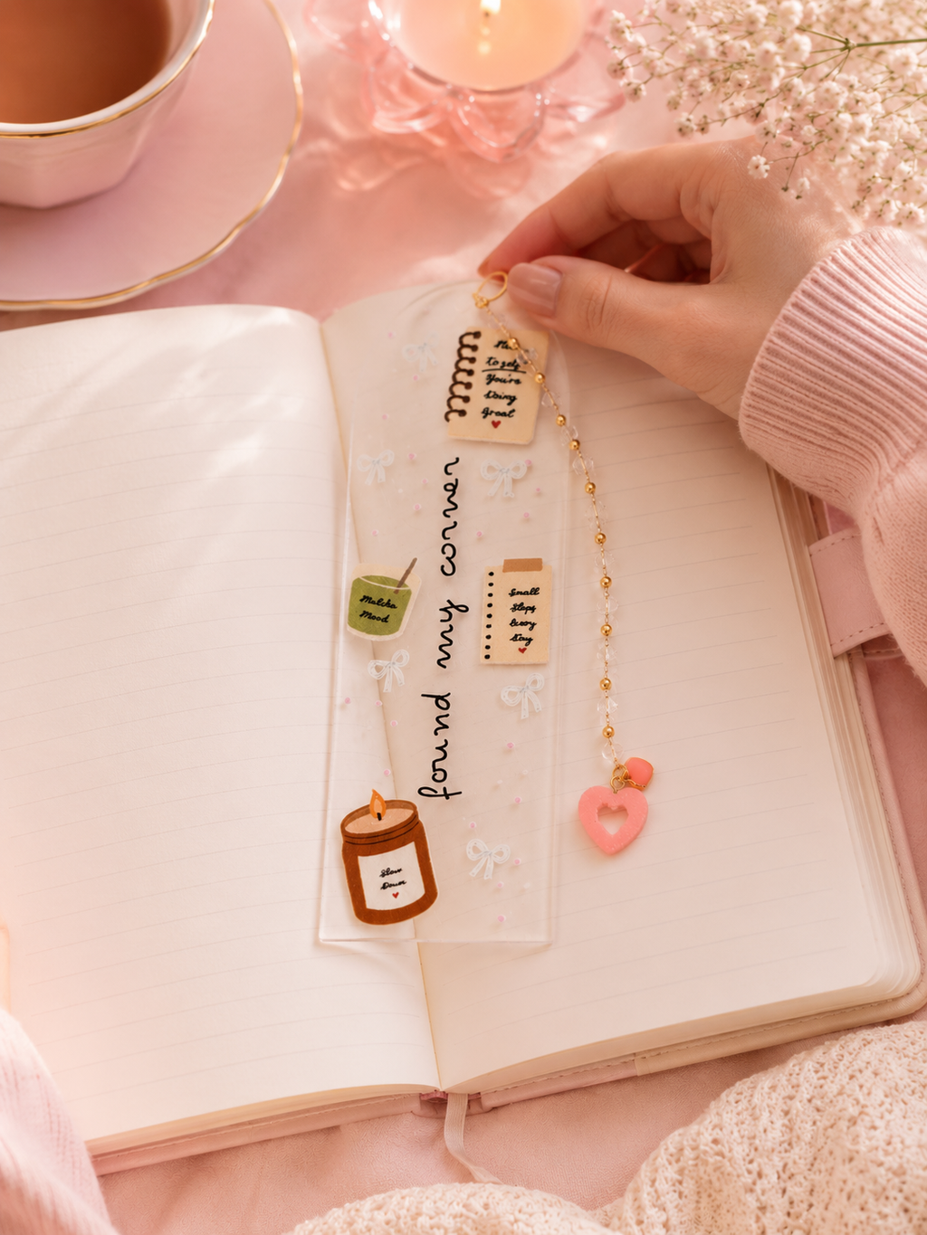 Found My Corner Acrylic Bookmark with Gold & Pink Heart Charm