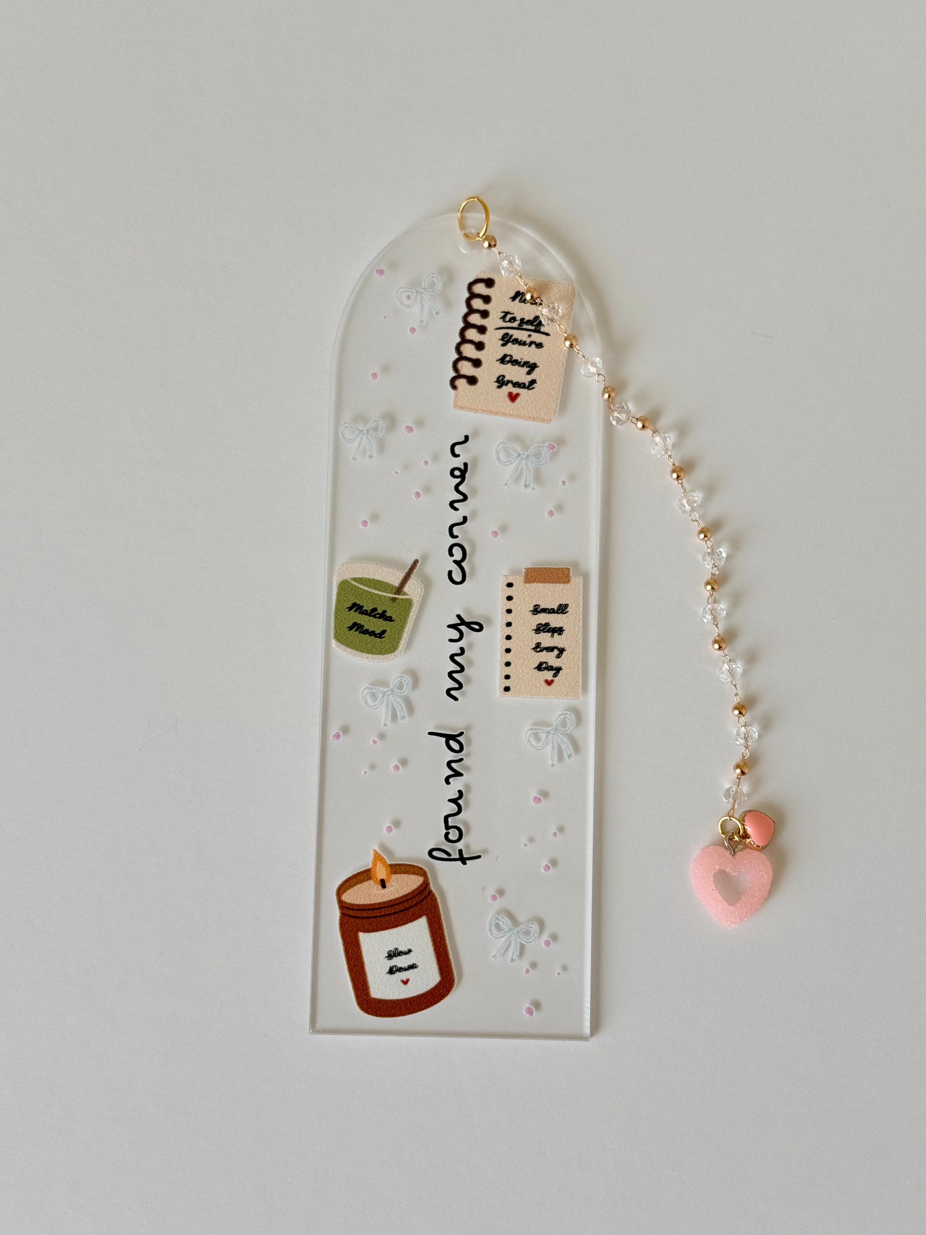 Found My Corner Acrylic Bookmark with Gold & Pink Heart Charm