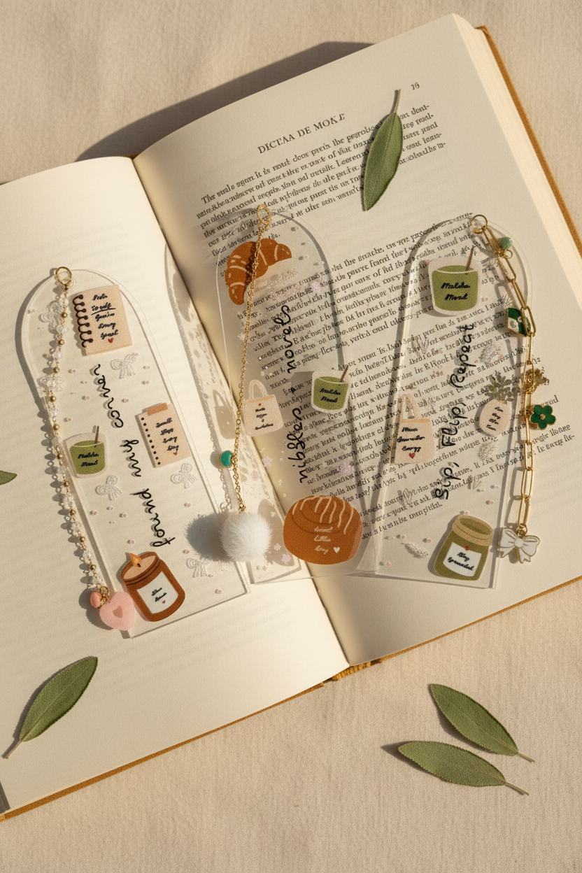 3 acrylic Bookmarks on a book