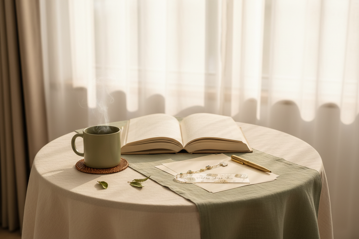 cozy round table with a book, hot mug, and paper and pen with a acyrlic book mark. curtain in the background. 